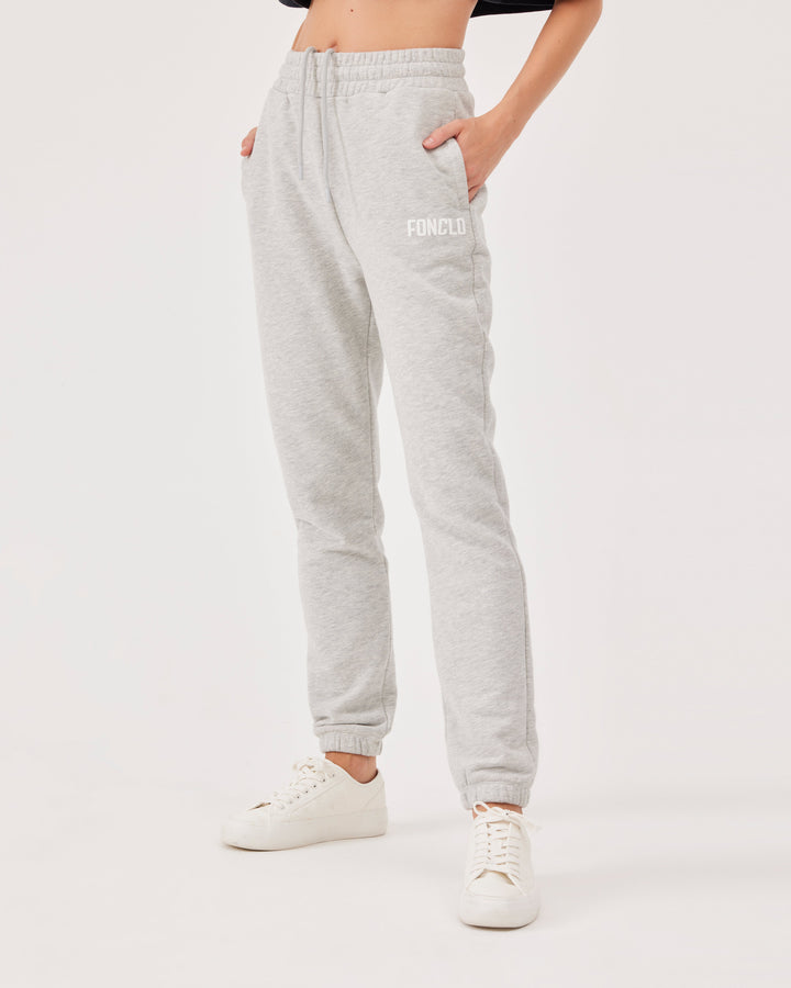 Grey, joggers, side pockets, high-waist, elastication, soft material, loose fit, fonclo logo.