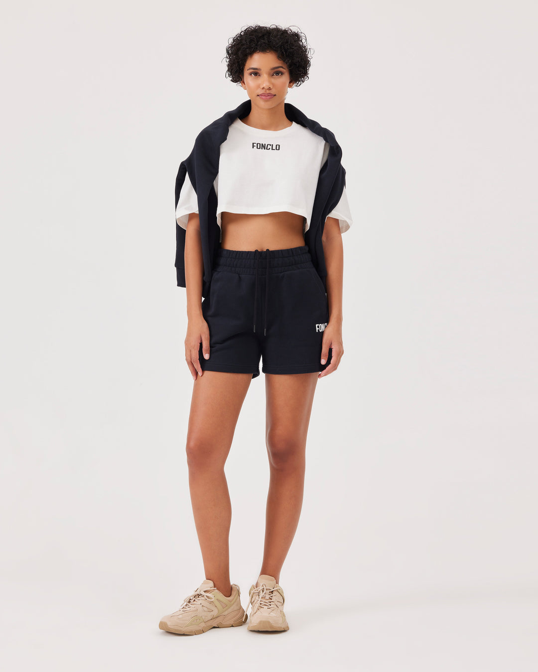 Black basic cotton shorts, sweat shorts, front logo, regular fit, high-waist.