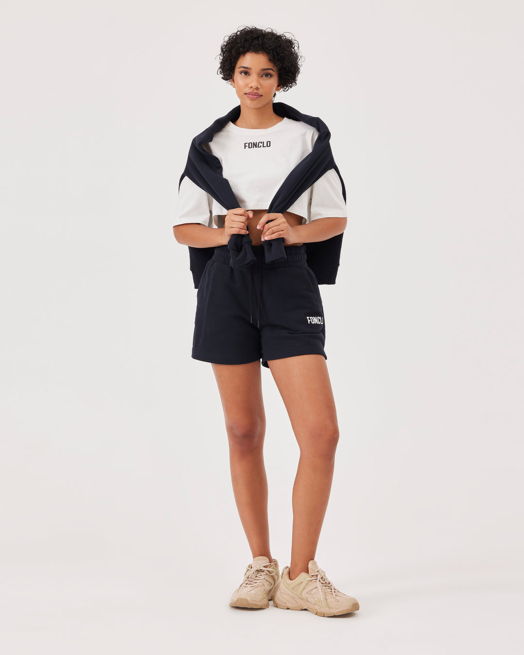 Black basic cotton shorts, sweat shorts, front logo, regular fit, high-waist.