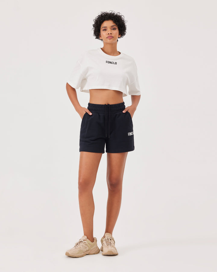 Black basic cotton shorts, sweat shorts, front logo, regular fit, high-waist.