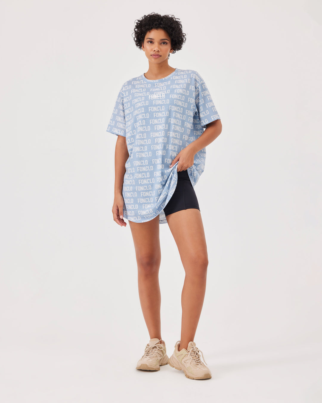 Blue, monogrammed, oversize, t-shirt, round neckline, fonclo monogram, front fonclo logo print,  mini dress, oversize t-shirt, short sleeves.