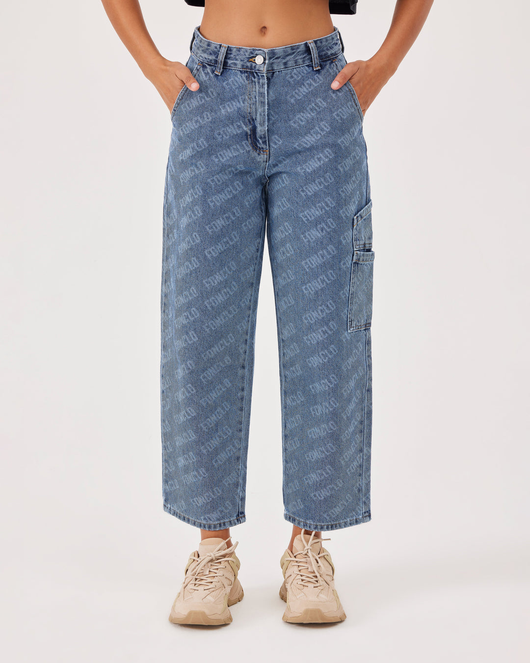 Blue, monogrammed, high-waist, ankle-length, mom jeans, allover fonclo monogram pattern, pockets on the front and back, two patch pockets on one leg, wide cut, mom fit, denim. 