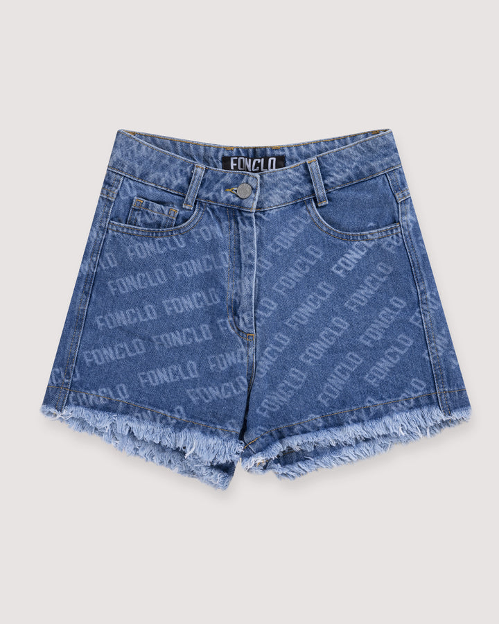 Blue Monogram | Denim Shorts with Frayed Hem